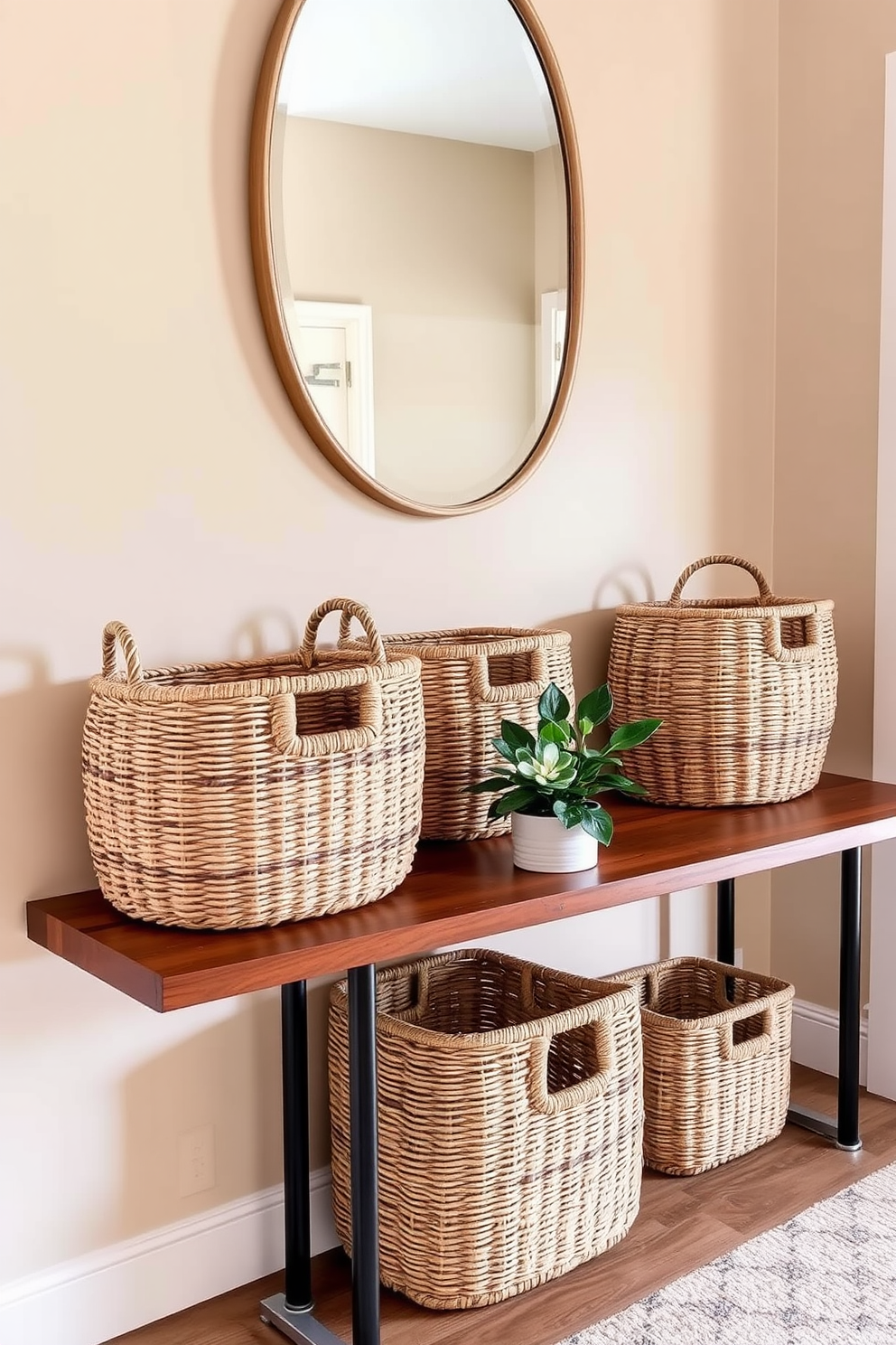 A stylish entryway featuring decorative baskets for organized storage. The baskets are woven in natural tones and placed on a sleek wooden shelf, enhancing the warm ambiance of the space. The walls are painted in a soft beige, complemented by a statement mirror above a console table. A small potted plant sits next to the baskets, adding a touch of greenery to the inviting entryway.