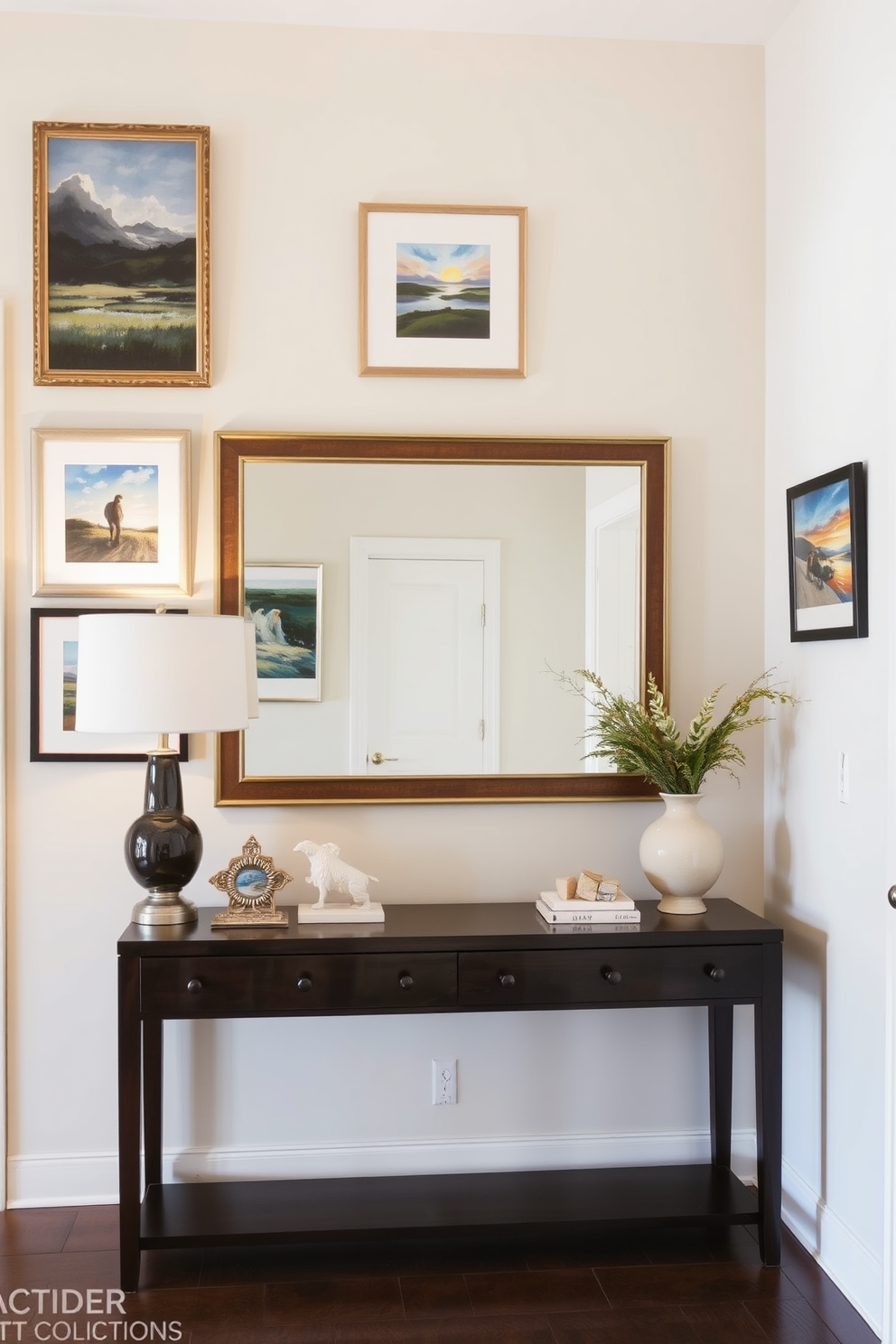 Framed artwork is strategically placed to enhance the atmosphere of the entryway. The walls are adorned with a mix of abstract and landscape pieces in complementary colors that draw the eye and create a welcoming ambiance. The entryway features a sleek console table made of dark wood, topped with decorative items and a stylish lamp. A large mirror hangs above the table, reflecting light and making the space feel larger and more inviting.