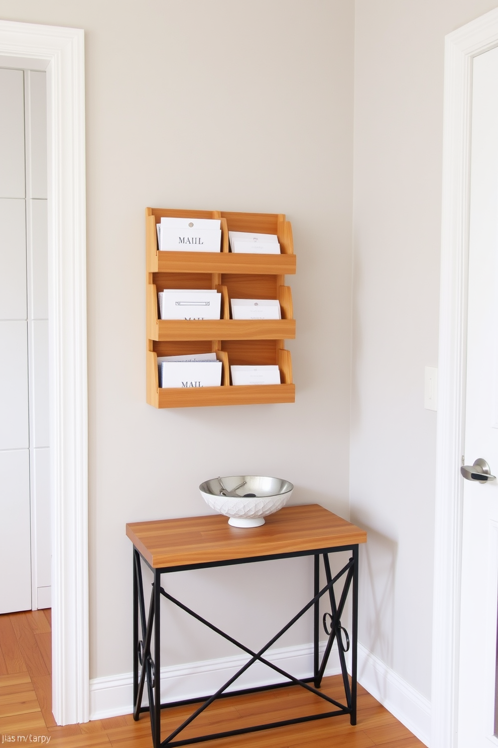 A wall-mounted mail organizer made of natural wood hangs neatly by the entrance, featuring multiple compartments for sorting letters and small packages. The entryway is adorned with a stylish console table beneath the organizer, complemented by a decorative bowl for keys and a framed mirror that enhances the space's brightness.