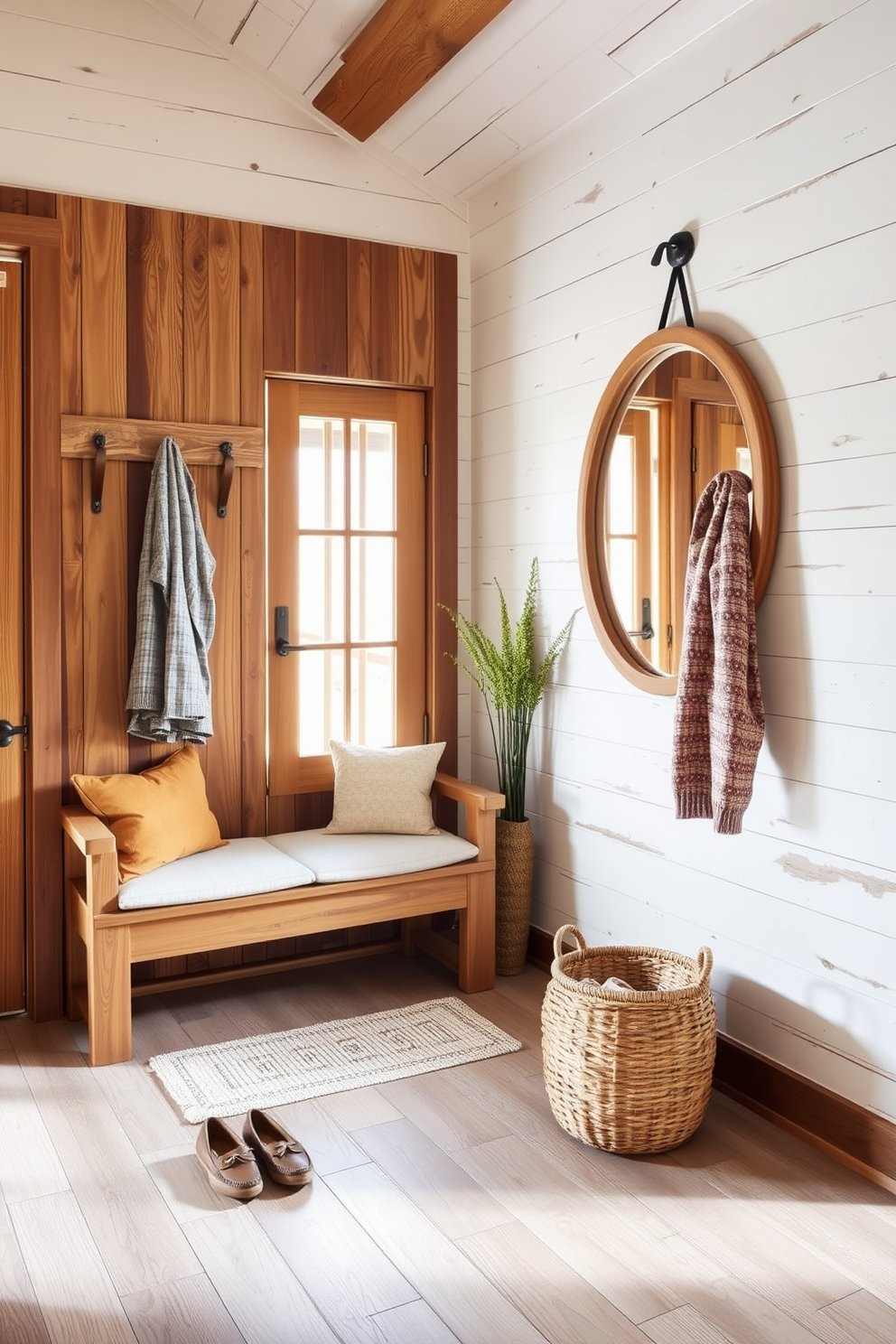 A welcoming entryway featuring natural wood elements that create warmth and texture. The space includes a rustic wooden bench with soft cushions and a coat rack made of reclaimed wood. The walls are adorned with light-colored shiplap, enhancing the cozy atmosphere. A woven basket sits on the floor for shoes, and a large mirror with a wooden frame reflects the natural light coming in from the doorway.