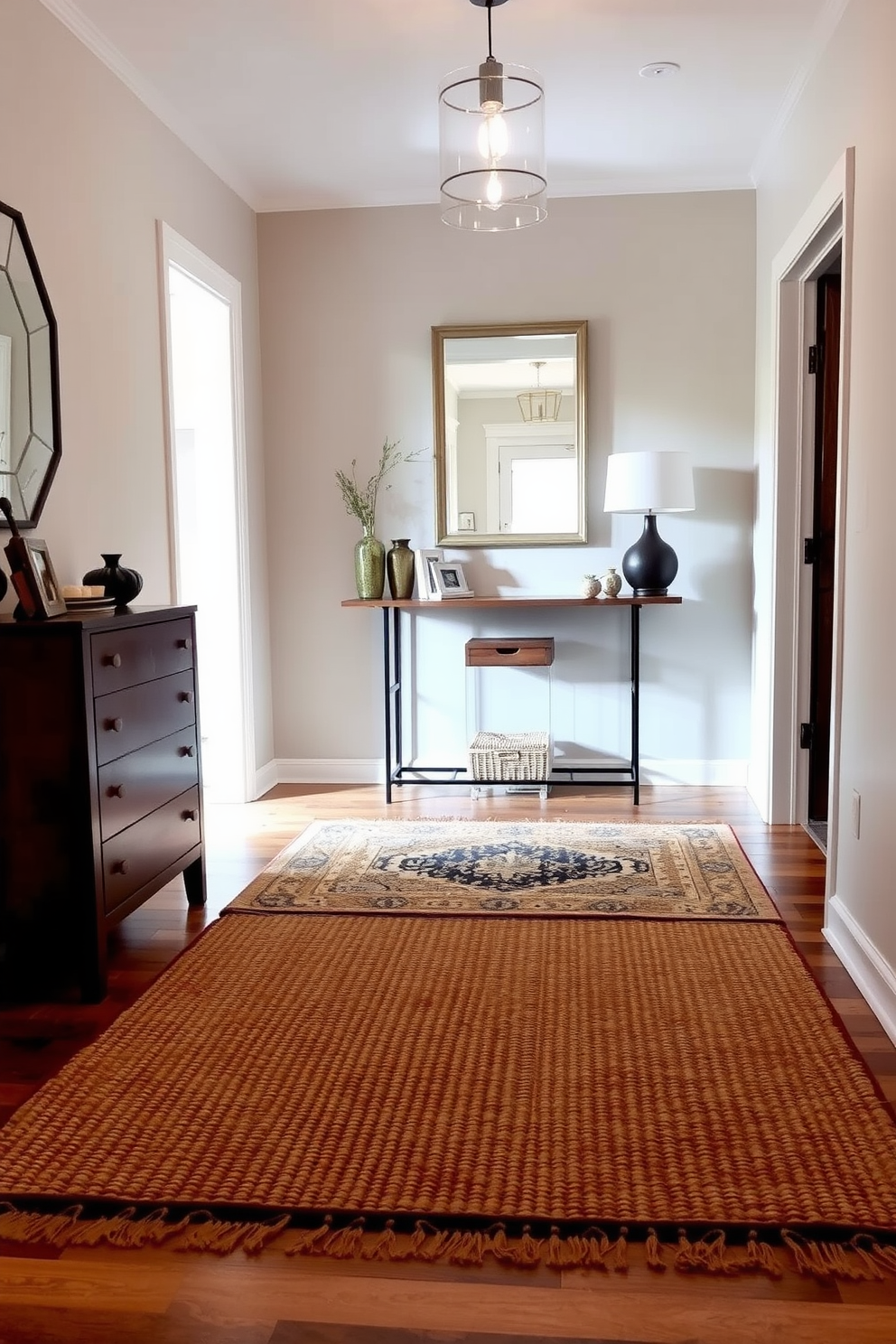 Layered rugs in a cozy entryway create a warm and inviting atmosphere. A large woven rug serves as the base, topped with a smaller patterned rug that adds visual interest and depth. The entryway features a stylish console table against the wall, adorned with decorative items and a mirror above it. Soft lighting from a pendant fixture casts a warm glow, enhancing the layered rugs and inviting ambiance.