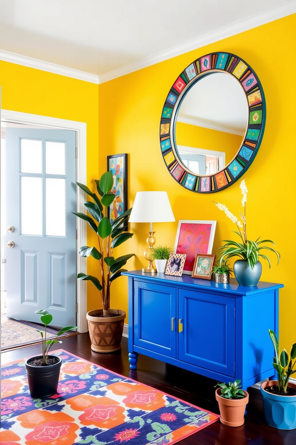 A vibrant entryway filled with bright colors that energize the space. The walls are painted a cheerful yellow, and a bold blue console table stands against them, adorned with colorful art pieces. A large round mirror with a colorful frame hangs above the console, reflecting the lively atmosphere. A patterned rug in vibrant hues welcomes guests as they enter, and potted plants in various sizes add a touch of greenery.