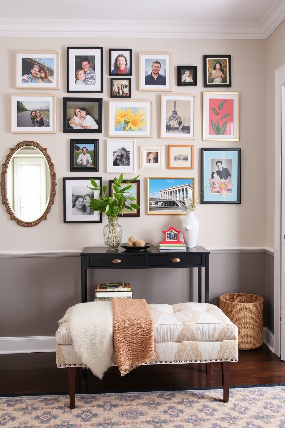 A gallery wall features a mix of family photos in various frames and vibrant artwork that adds personality to the space. The arrangement is thoughtfully curated to create a cohesive yet eclectic look, inviting guests to admire the memories and creativity displayed. The entryway is designed with a stylish console table topped with decorative items and a chic mirror that enhances the sense of space. A cozy bench is placed nearby, complemented by a patterned rug that adds warmth and welcomes visitors as they enter.