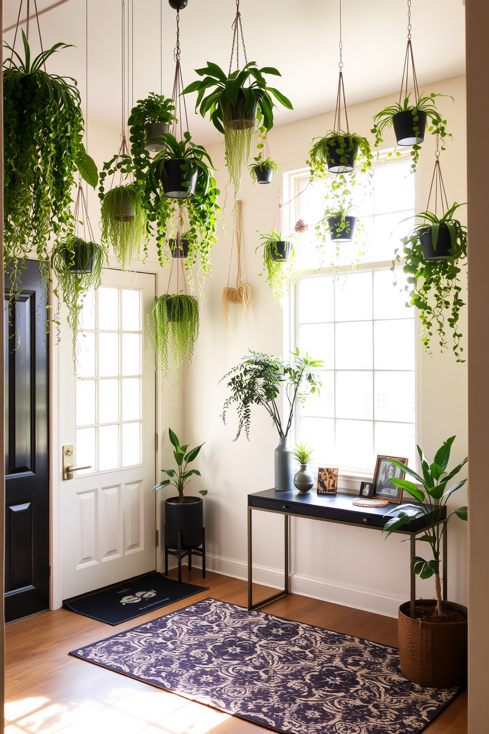 A stylish entryway featuring an assortment of hanging plants that cascade gracefully from the ceiling. The space is illuminated by natural light filtering through a large window, creating a vibrant and inviting atmosphere. A sleek console table stands against the wall, adorned with decorative items and a small potted plant. The walls are painted in a soft neutral tone, complemented by a patterned area rug that adds warmth and texture to the floor.