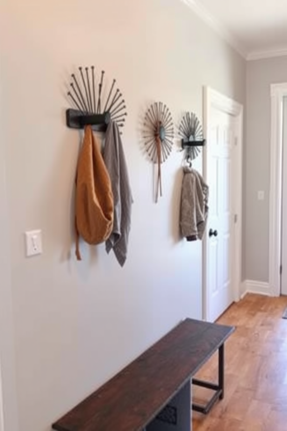 A functional entryway featuring creative coat hooks that blend art and utility. The walls are adorned with a soft gray paint, and the floor is covered with a warm wood finish.