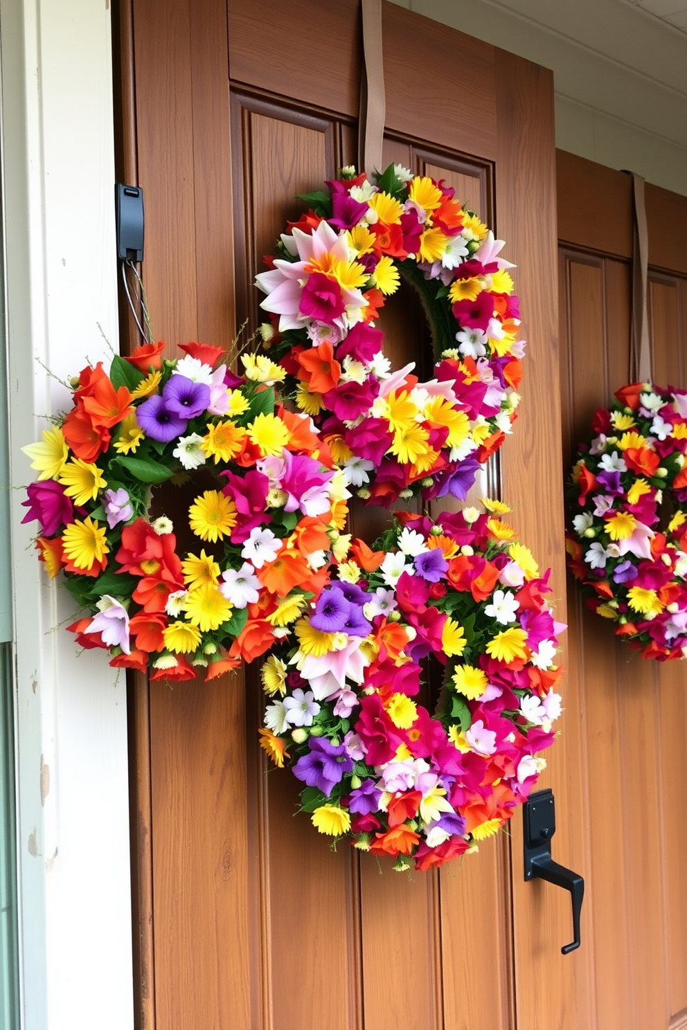 A charming entryway adorned with colorful wreaths made of vibrant spring flowers. The wreaths are hung on a rustic wooden door, welcoming guests with their lively hues and fresh floral scents.