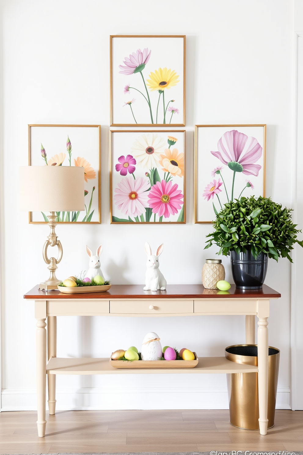 A bright and inviting entryway features a stylish console table adorned with spring-themed wall art that showcases vibrant flowers and pastel colors. The decor is complemented by tasteful Easter decorations, including a decorative bunny and colorful eggs arranged artfully on the table.