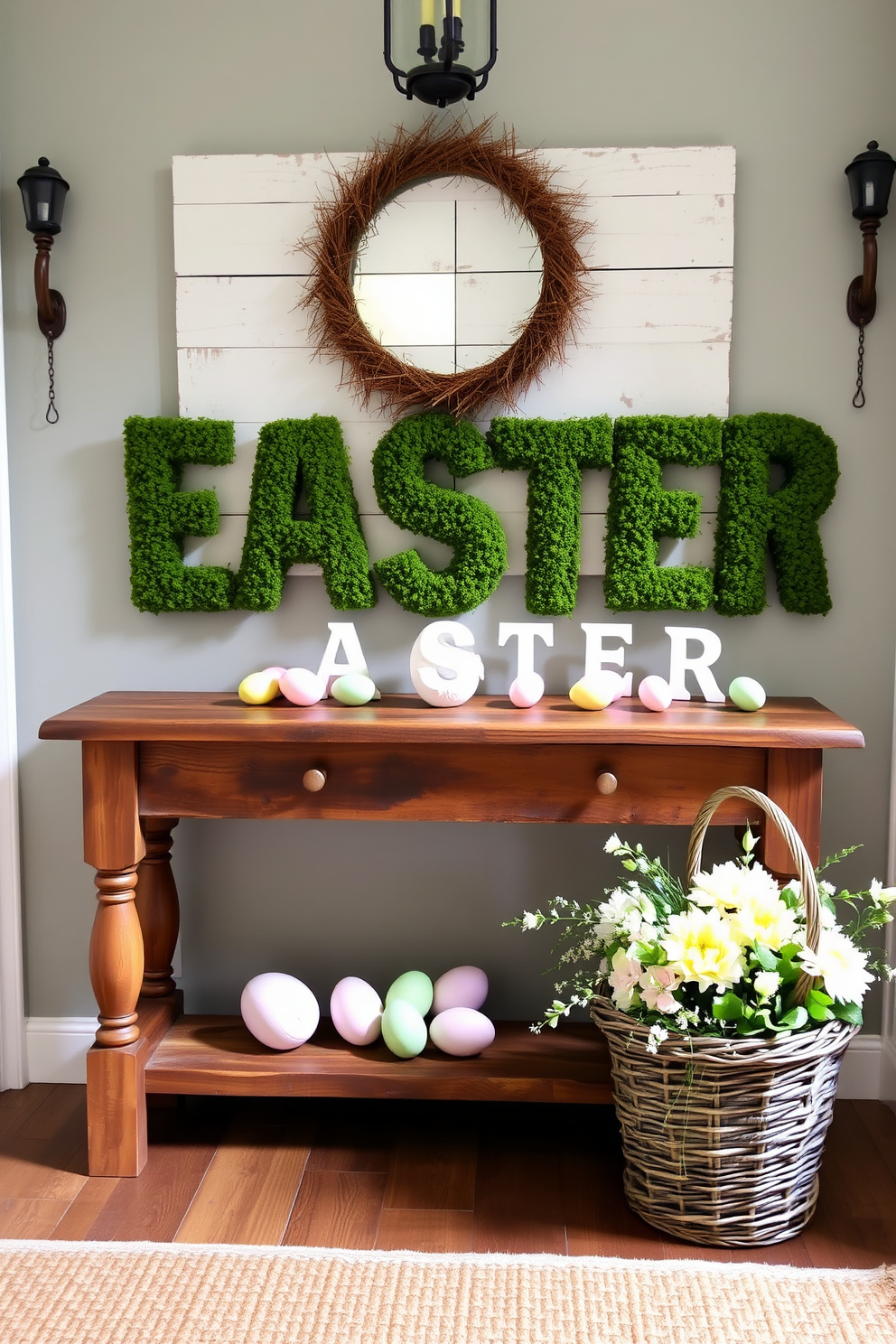 A charming entryway adorned with moss-covered letters that spell out Easter greetings. The letters are arranged on a rustic wooden console table, surrounded by pastel-colored decorative eggs and a small basket filled with fresh flowers.