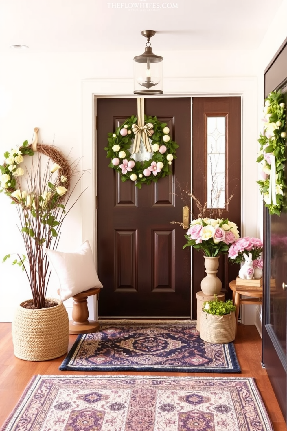 A welcoming entryway adorned with potted spring flowers in vibrant colors. The entrance features a charming console table with decorative Easter accents and a soft pastel rug underfoot.