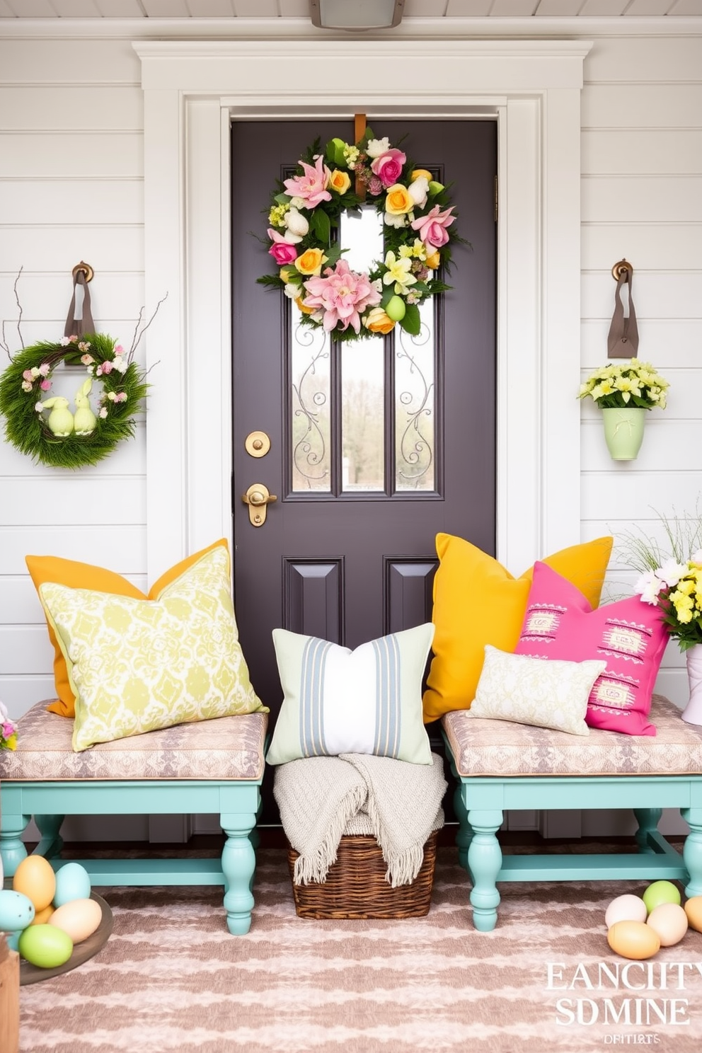 Brightly colored throw pillows are arranged on a set of stylish benches in a vibrant entryway. The pillows feature various patterns and textures, adding warmth and a welcoming touch to the space. Easter decorations are tastefully displayed throughout the entryway, including pastel-colored eggs and floral arrangements. A cheerful wreath adorned with spring blooms hangs on the door, creating an inviting atmosphere.