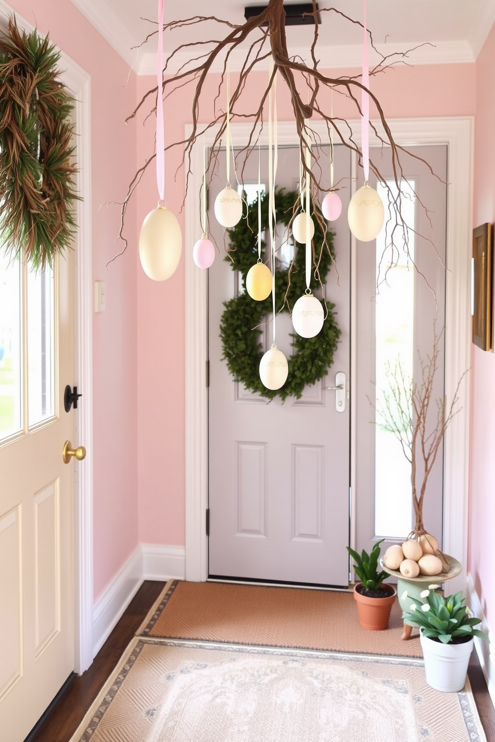 A charming entryway adorned with hanging egg ornaments gracefully suspended from delicate branches. The space features a pastel color palette with a welcoming rug and small potted flowers to enhance the festive atmosphere.