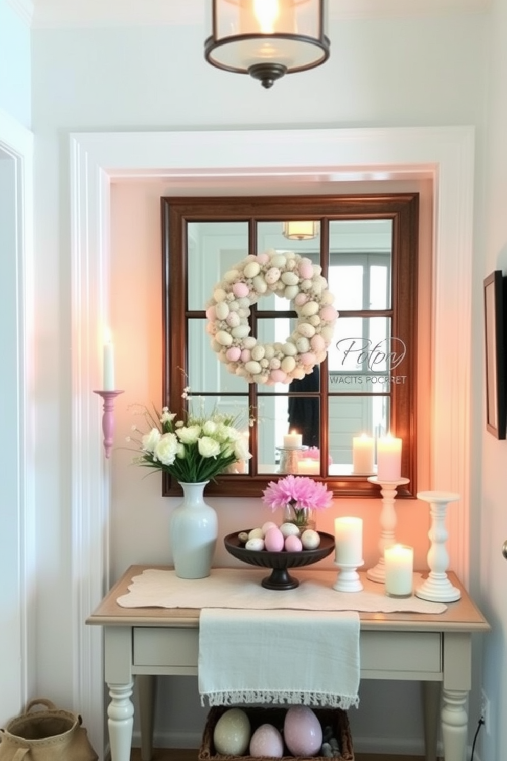 A charming entryway adorned with pastel candle holders in soft hues creating a warm ambiance. The space features a small console table with a decorative runner, and seasonal Easter decorations like painted eggs and floral arrangements complement the pastel tones.