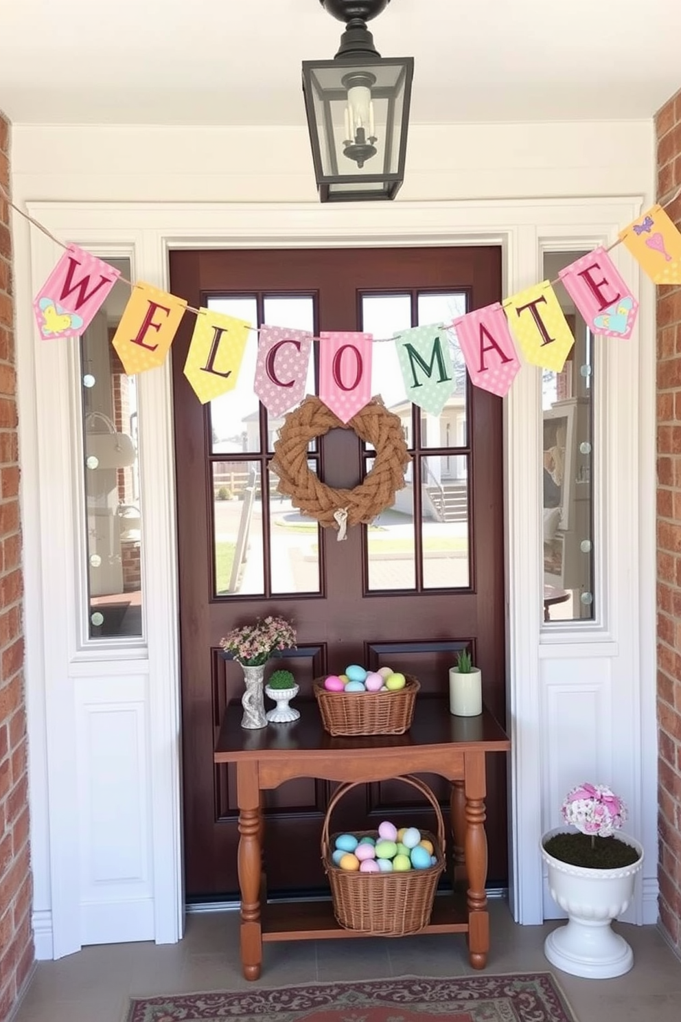 A seasonal banner strung across the entryway welcomes guests with vibrant colors and festive designs. The entryway features a charming table adorned with pastel decorations and a basket filled with colorful eggs.