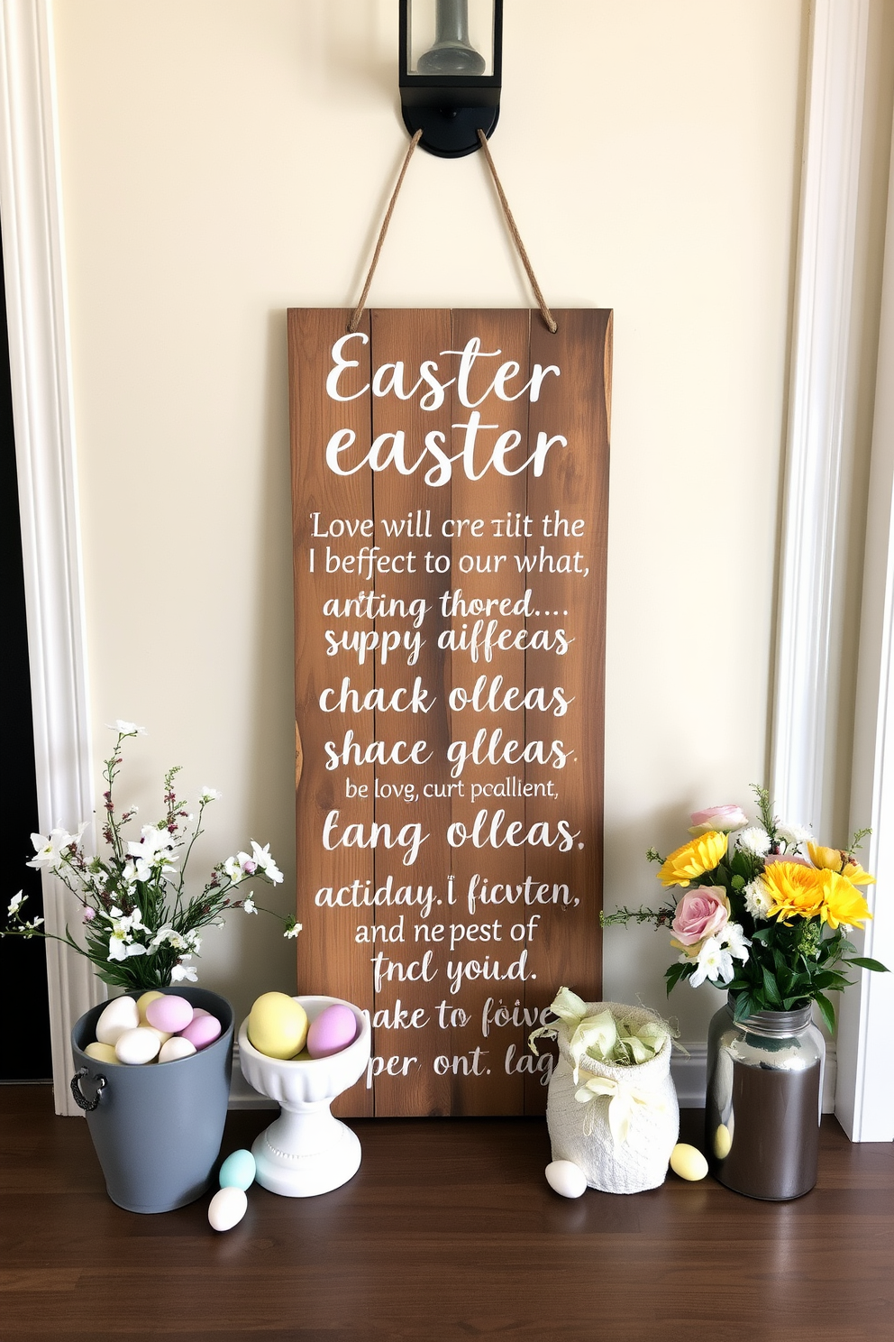 A rustic wooden sign is displayed in the entryway, featuring charming Easter quotes that evoke a warm and inviting atmosphere. Surrounding the sign are seasonal decorations like pastel-colored eggs and fresh spring flowers, enhancing the festive feel of the space.