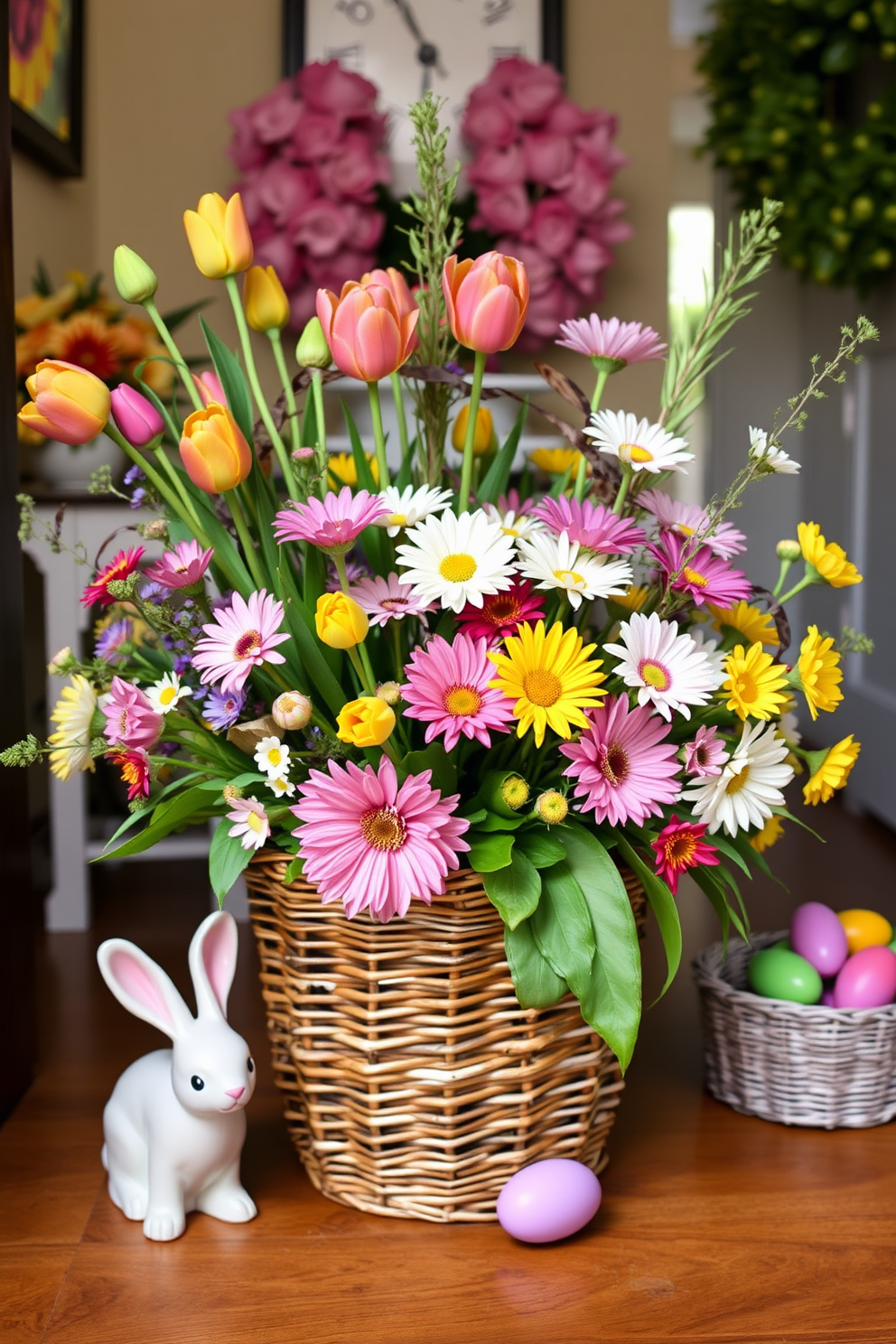 A lively table setting features a soft pink tablecloth adorned with delicate pastel-colored plates and mismatched vintage glassware. Fresh flowers in shades of lavender and yellow are arranged in a charming vase at the center, complemented by pastel napkins tied with twine. The entryway is decorated for Easter with a whimsical wreath made of pastel eggs and spring blooms. A small console table showcases a collection of decorative bunnies and colorful baskets filled with faux grass and eggs, creating a warm and inviting atmosphere.