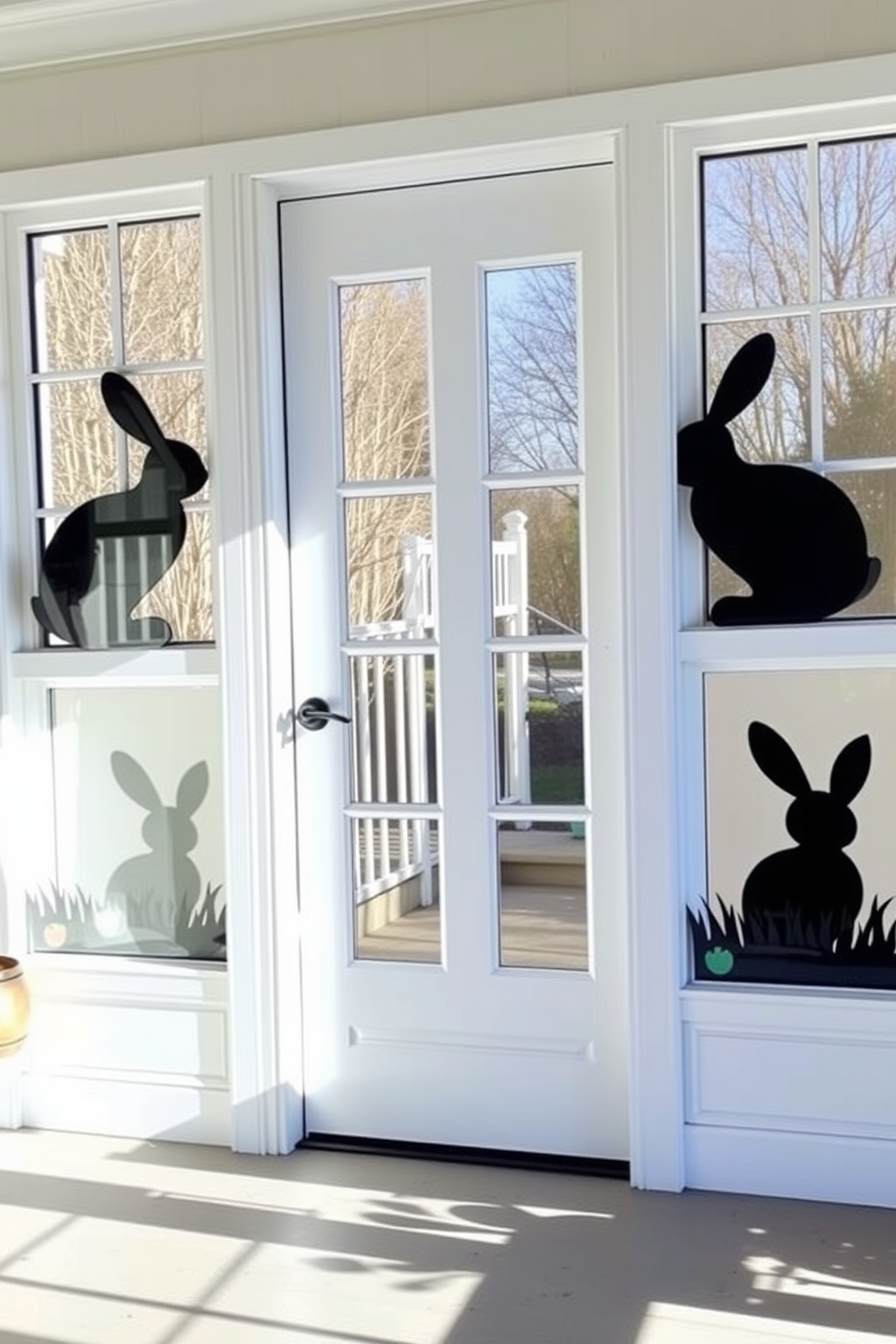 Create a charming entryway decorated for Easter. The windows feature cute bunny silhouettes, casting playful shadows on the floor.