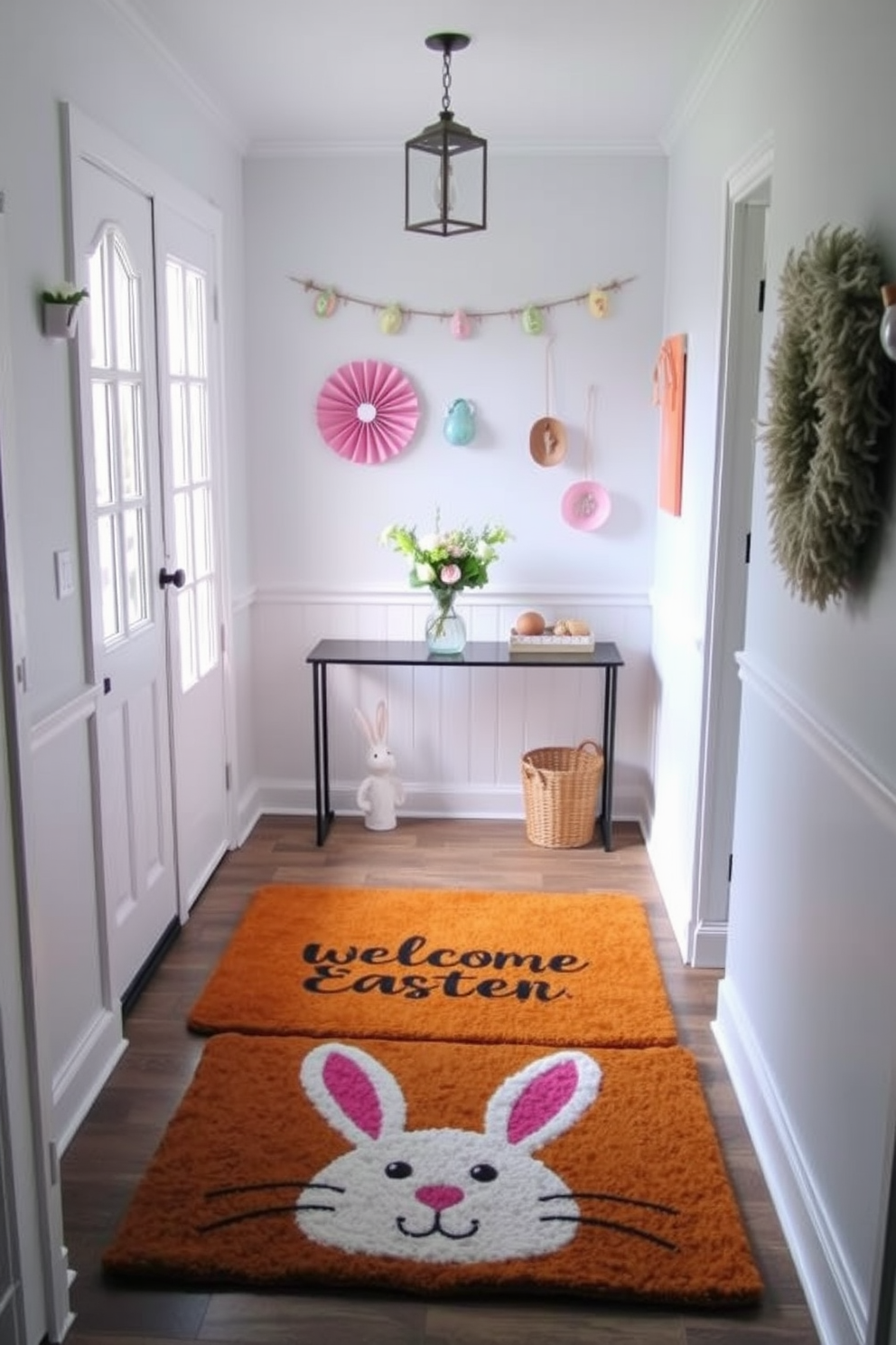 A charming entryway featuring a bunny-themed welcome mat that greets guests with a playful touch. The walls are adorned with pastel-colored decorations, celebrating the spirit of Easter, while a small console table holds a vase filled with spring flowers.