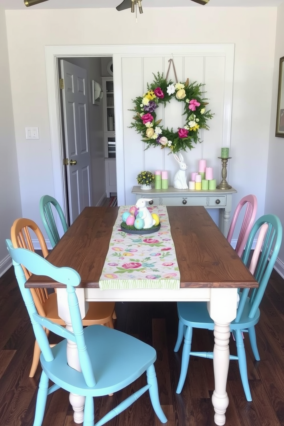 A colorful table runner adorned with vibrant Easter motifs stretches across a rustic wooden dining table. Surrounding the table are mismatched vintage chairs, each painted in pastel shades that complement the cheerful theme. In the entryway, a whimsical Easter wreath crafted from fresh flowers and colorful eggs hangs on the door. A small console table is decorated with a ceramic bunny and a collection of pastel-colored candles, welcoming guests with festive charm.