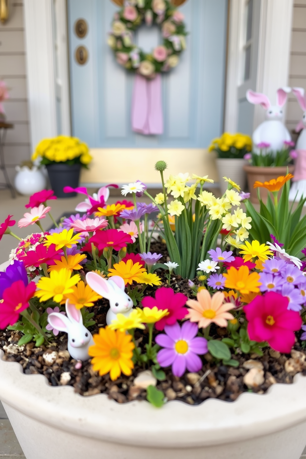 A charming miniature garden filled with vibrant flowers in a variety of colors. Small, playful bunnies can be seen nestled among the blooms, adding a whimsical touch to the scene. The entryway is adorned with Easter decorations that create a festive atmosphere. Soft pastel colors and cheerful accents welcome guests into the home, setting a joyful tone for the holiday.