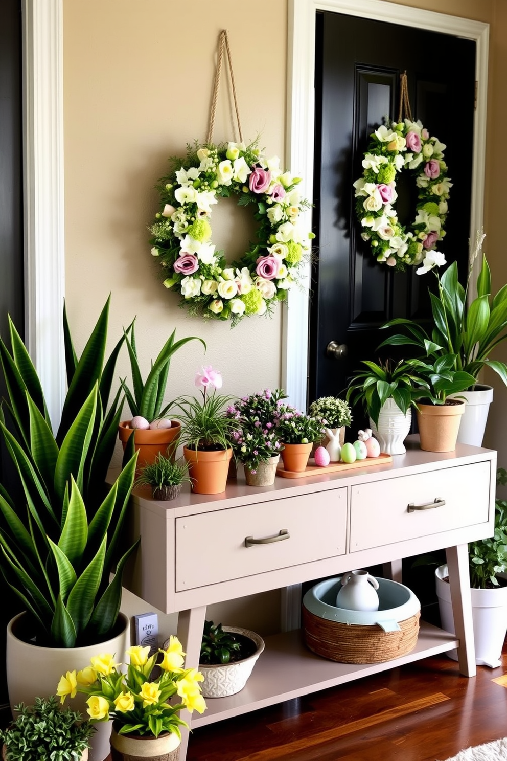 A bright and inviting entryway adorned with various potted plants in different sizes and textures. The plants are strategically placed on a stylish console table and along the edges of the space, creating a fresh and vibrant atmosphere. The entryway features a charming Easter theme with pastel-colored decorations and floral arrangements. A decorative wreath made of spring flowers hangs on the door, while small Easter-themed accents are placed on the console table for a festive touch.