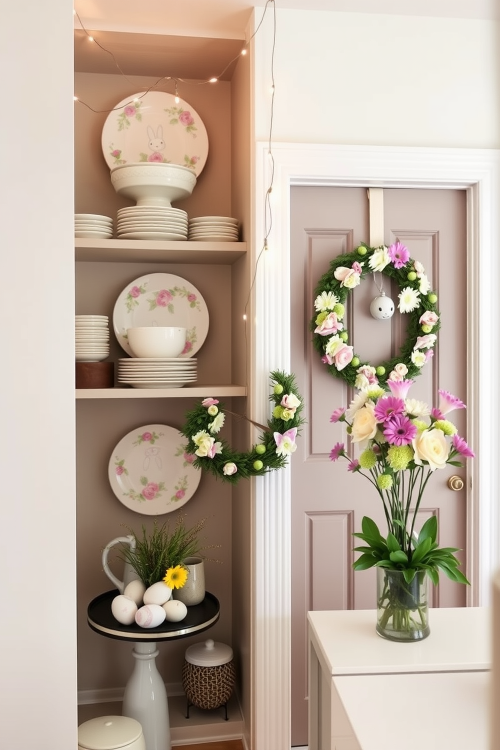 Easter-themed dishware is beautifully arranged on open shelves, featuring pastel-colored plates and bowls adorned with floral patterns. Above the dishware, delicate string lights create a warm ambiance, enhancing the festive atmosphere. The entryway is tastefully decorated for Easter, showcasing a charming wreath made of spring flowers on the door. A small console table is adorned with decorative eggs and a vibrant vase filled with fresh blooms, welcoming guests into the home.