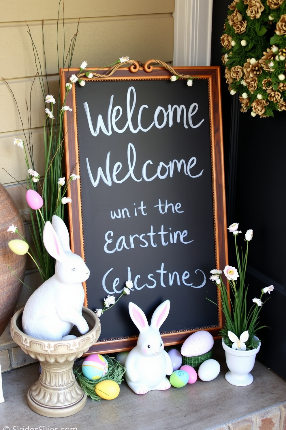 Brightly colored egg garlands drape elegantly over the banisters, adding a cheerful touch to the entryway. The vibrant colors create a festive atmosphere, inviting guests to celebrate the Easter season as they enter the home.