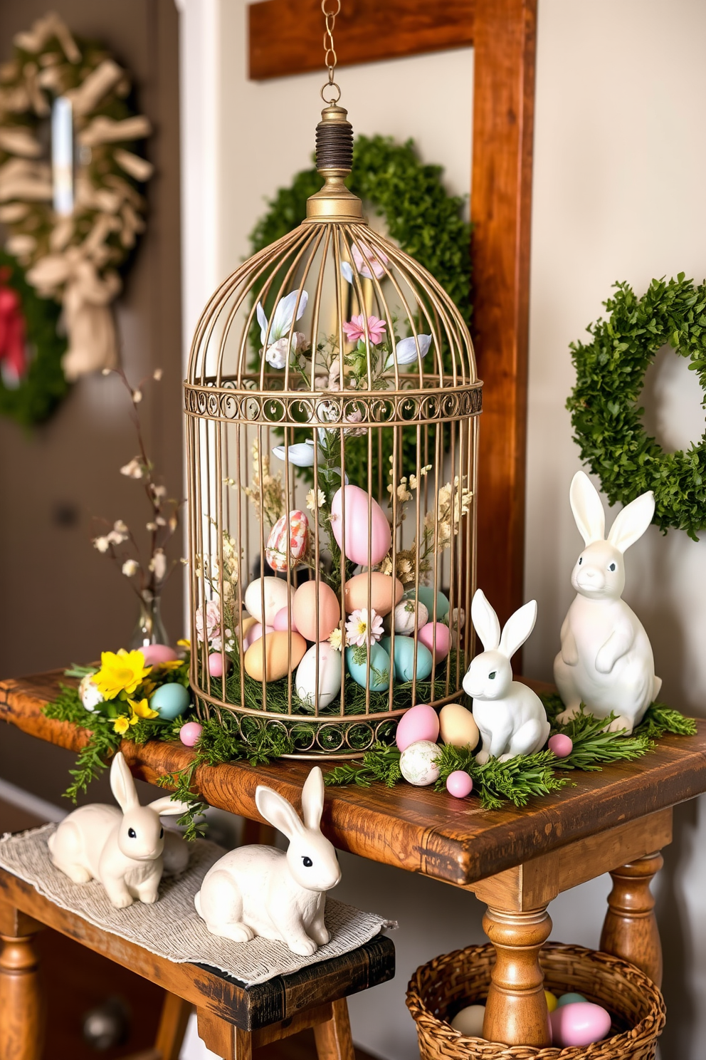 A charming entryway adorned with seasonal potpourri bowls that emit delightful scents. The bowls are filled with dried flowers, citrus peels, and spices, creating a warm and inviting atmosphere. For Easter, the entryway features pastel-colored decorations such as wreaths and garlands. A small table displays decorative eggs and a bunny figurine, enhancing the festive spirit.