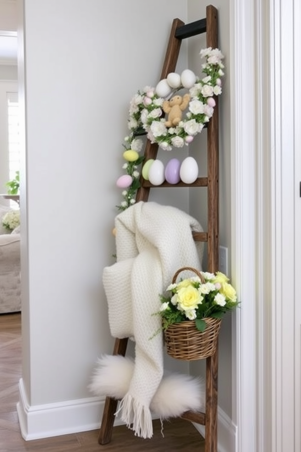 A decorative ladder is positioned against the wall in the entryway, showcasing a variety of seasonal items such as pastel-colored Easter eggs and floral garlands. The ladder is adorned with soft, textured throws and a small basket filled with fresh flowers, creating a warm and inviting atmosphere.