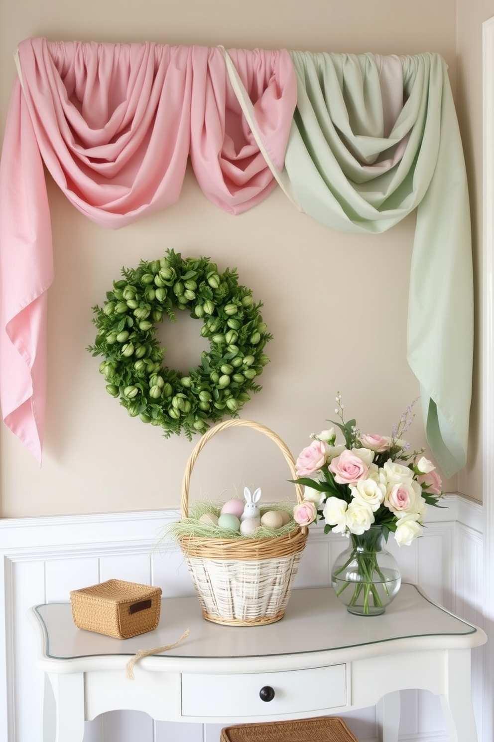 A beautifully arranged decorative tray sits on a console table in the entryway. The tray features an assortment of pastel-colored eggs, fresh flowers, and small bunny figurines, creating a cheerful Easter ambiance. The entryway is adorned with a soft pastel color palette to complement the seasonal decor. A welcoming touch is added with a cozy throw blanket draped over a nearby chair, inviting guests to linger.