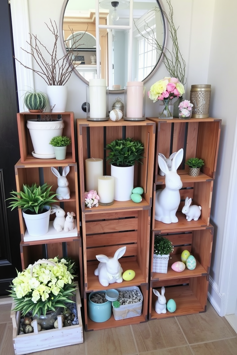 A charming entryway features stacked wooden crates arranged in a visually appealing manner. Each crate is filled with an assortment of decorative items such as potted plants, candles, and seasonal decor. For Easter, the entryway is adorned with pastel-colored accents and floral arrangements. Decorative eggs and bunny figurines are placed artfully among the crates to create a festive atmosphere.