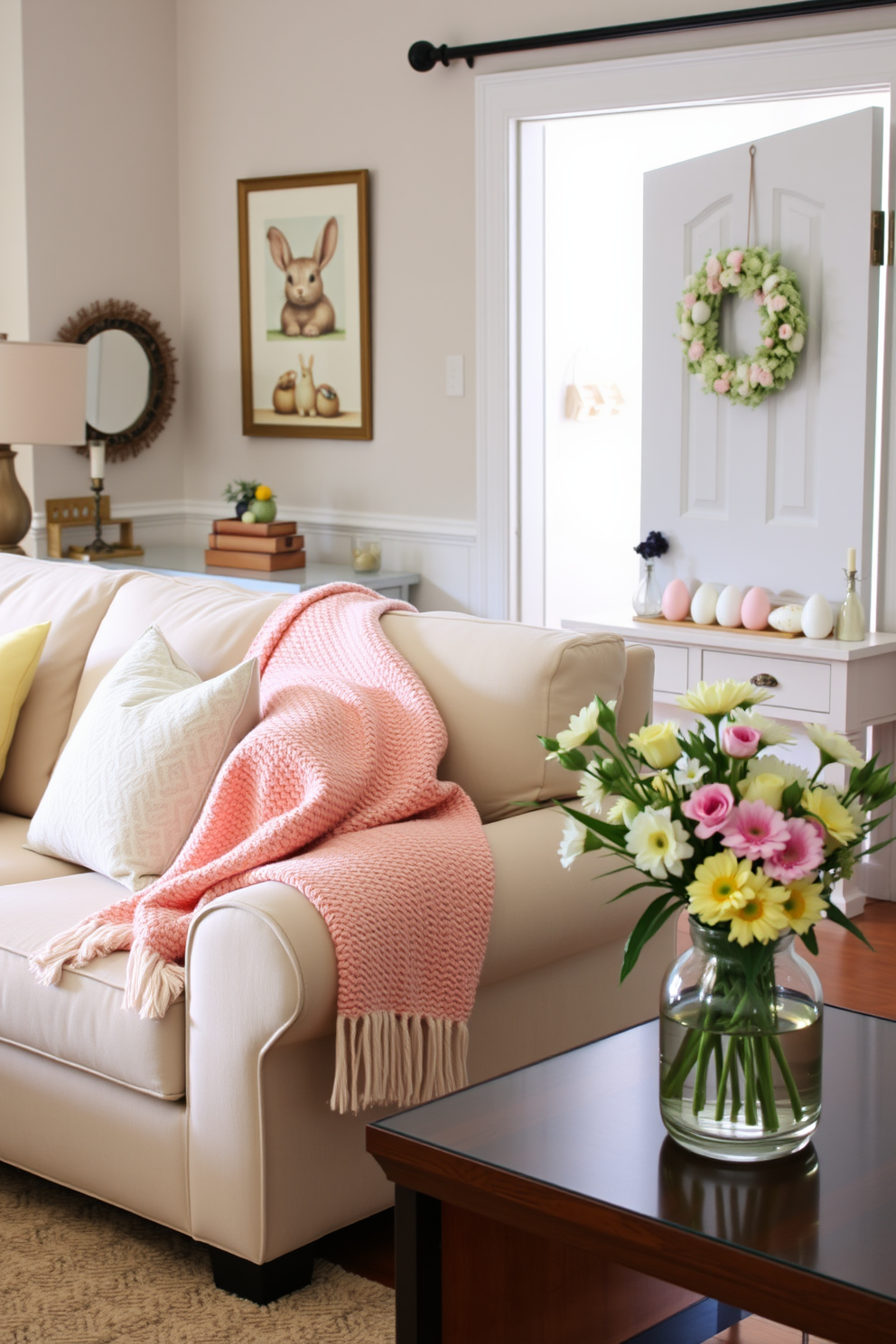 A vibrant entryway adorned with spring-themed wall decals featuring colorful flowers and cheerful bunnies. The decals create a welcoming atmosphere, setting a festive tone for Easter celebrations. Decorative elements include a pastel-colored console table topped with a floral arrangement and a collection of Easter eggs. Soft lighting from a stylish pendant lamp enhances the cheerful ambiance, inviting guests into a joyful space.