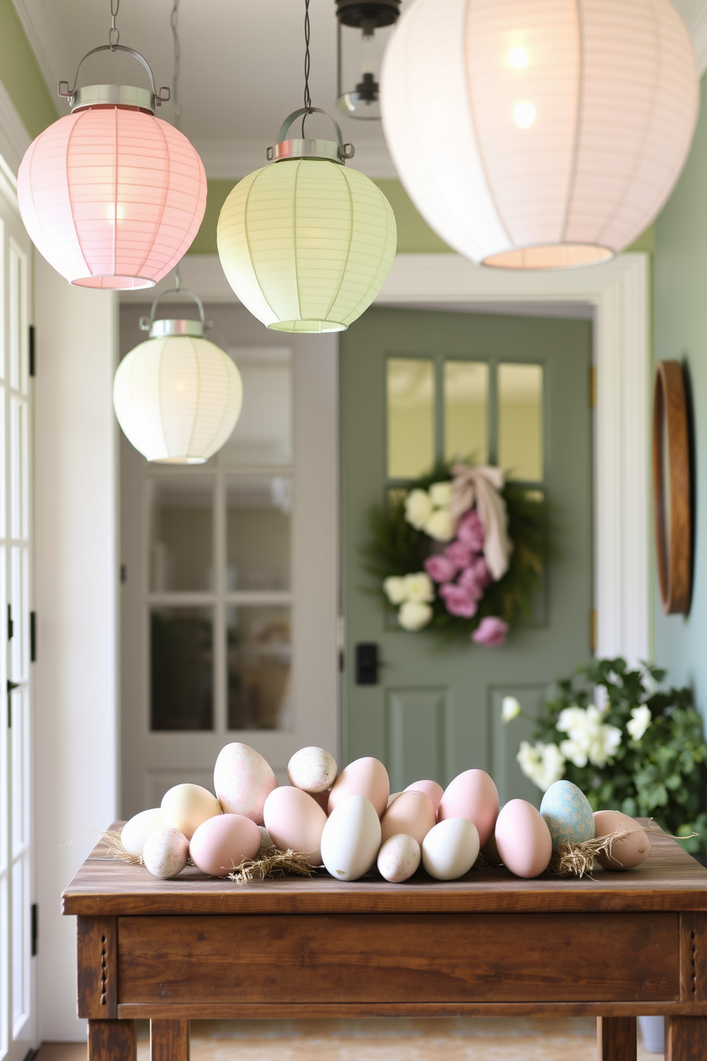 Pastel colored lanterns hang from the ceiling, casting a gentle glow throughout the entryway. A collection of decorative Easter eggs in soft hues is arranged on a rustic wooden table, welcoming guests with a cheerful touch.