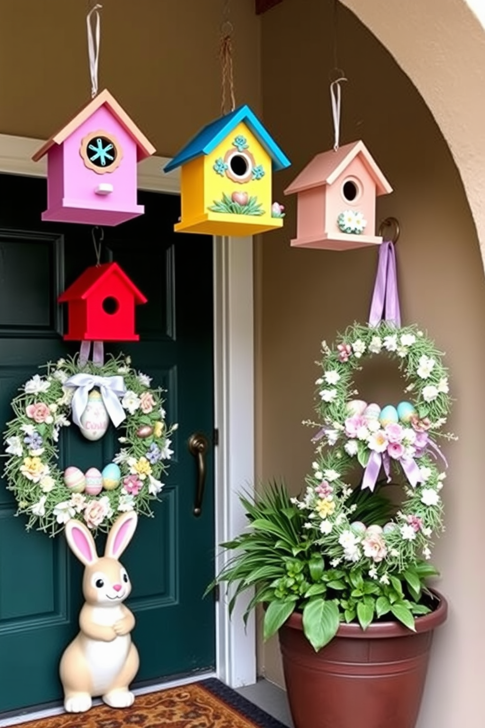 Charming birdhouses in entryway decor create a whimsical and inviting atmosphere. Each birdhouse features vibrant colors and intricate designs, hanging from a rustic wooden beam above a welcoming mat. Entryway Easter decorating ideas include pastel-colored wreaths adorned with eggs and delicate flowers. A cheerful bunny figurine sits beside a potted plant, enhancing the festive spirit of the space.