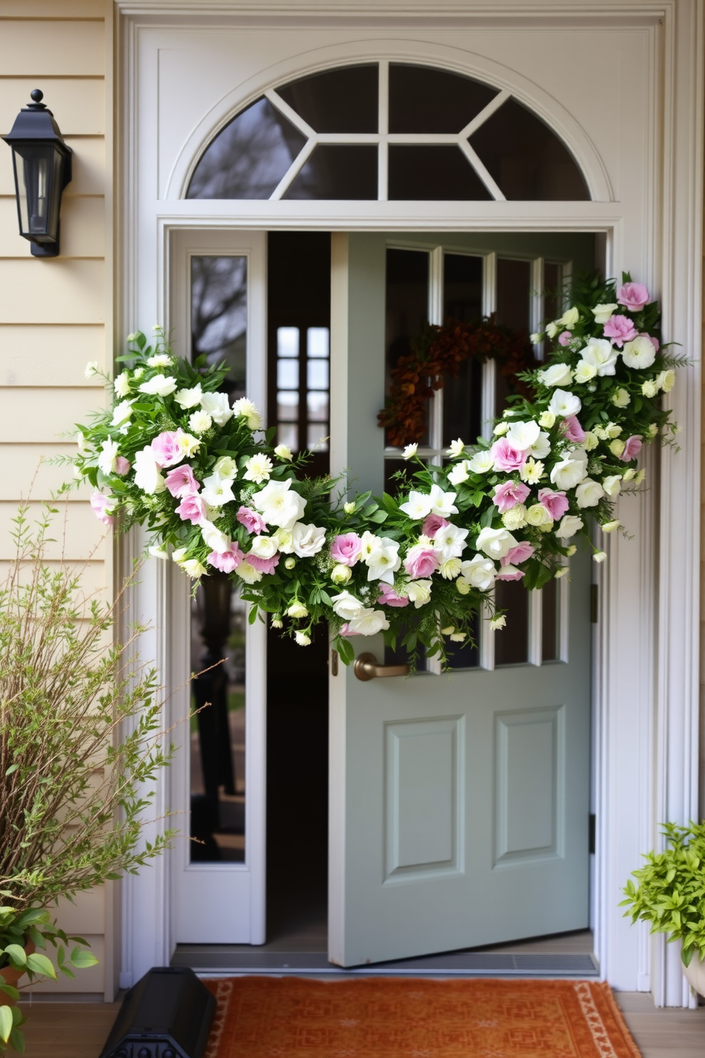 A charming entryway adorned with a floral garland draped elegantly across the doorway. The garland features a mix of pastel blooms and greenery, creating a festive and inviting atmosphere for Easter celebrations.