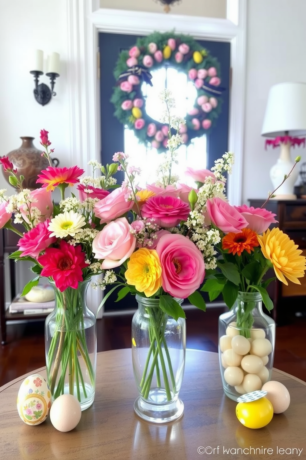 Fresh blooms in vintage vases create a charming and inviting atmosphere in the entryway. The combination of colorful flowers and delicate glass adds a touch of elegance and warmth to the space. Easter decorating ideas can bring a festive spirit to your home. Incorporating pastel colors and playful decorations will enhance the entryway and welcome guests with seasonal cheer.