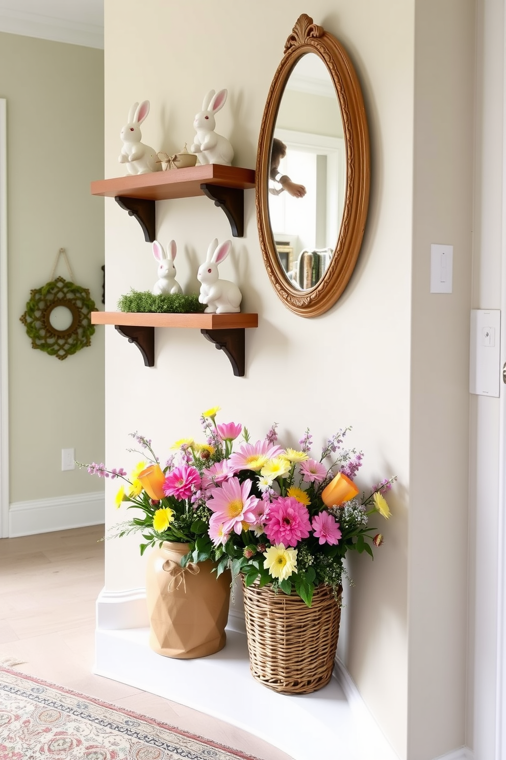 A charming entryway adorned with whimsical bunny figurines displayed on elegant wooden shelves. The walls are painted in a soft pastel hue, and a vibrant floral arrangement complements the playful decor for an inviting Easter atmosphere.