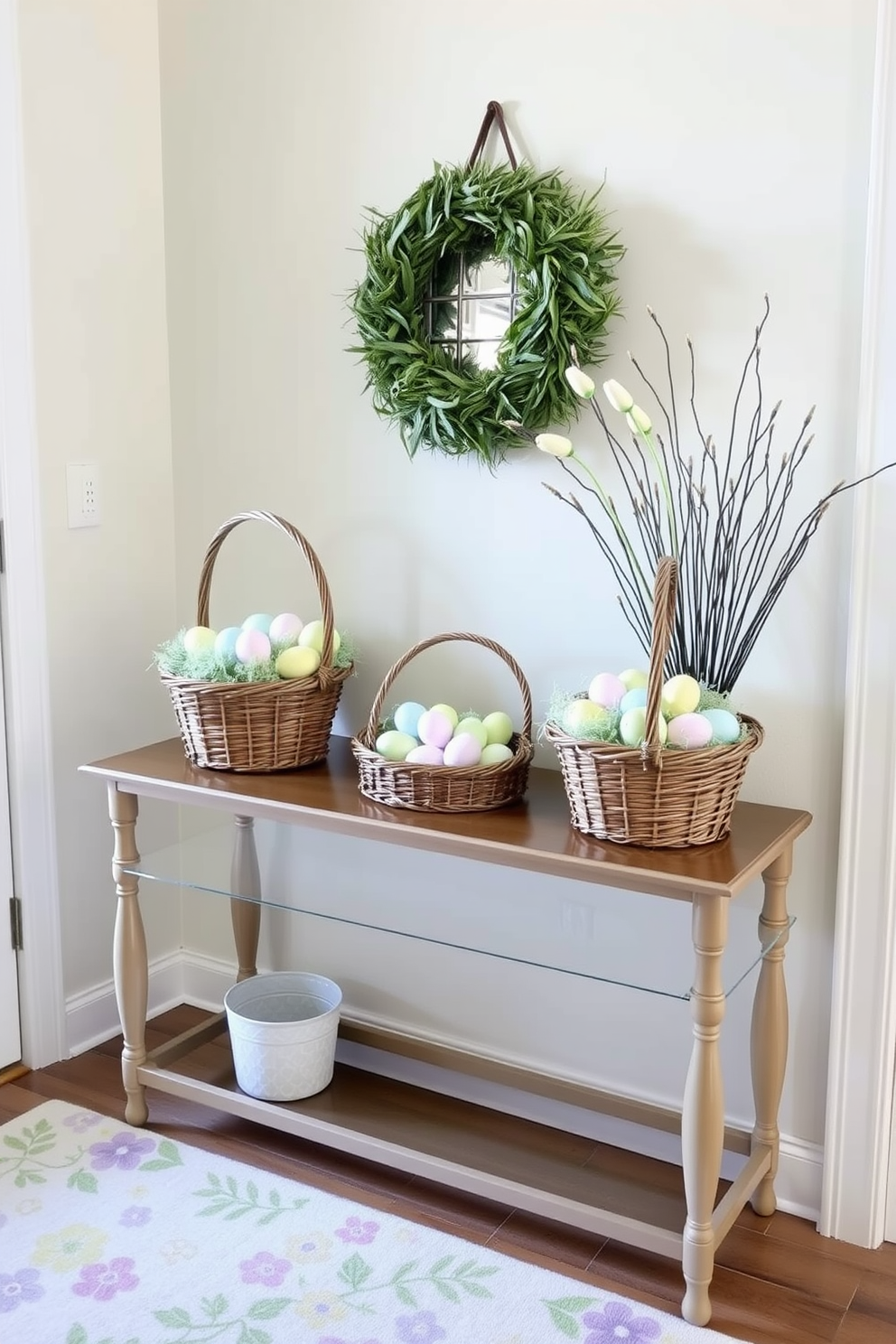 A charming entryway adorned for Easter features decorative baskets filled with faux eggs in various pastel colors. The baskets are artfully arranged on a console table, complemented by a soft spring-themed runner underneath.