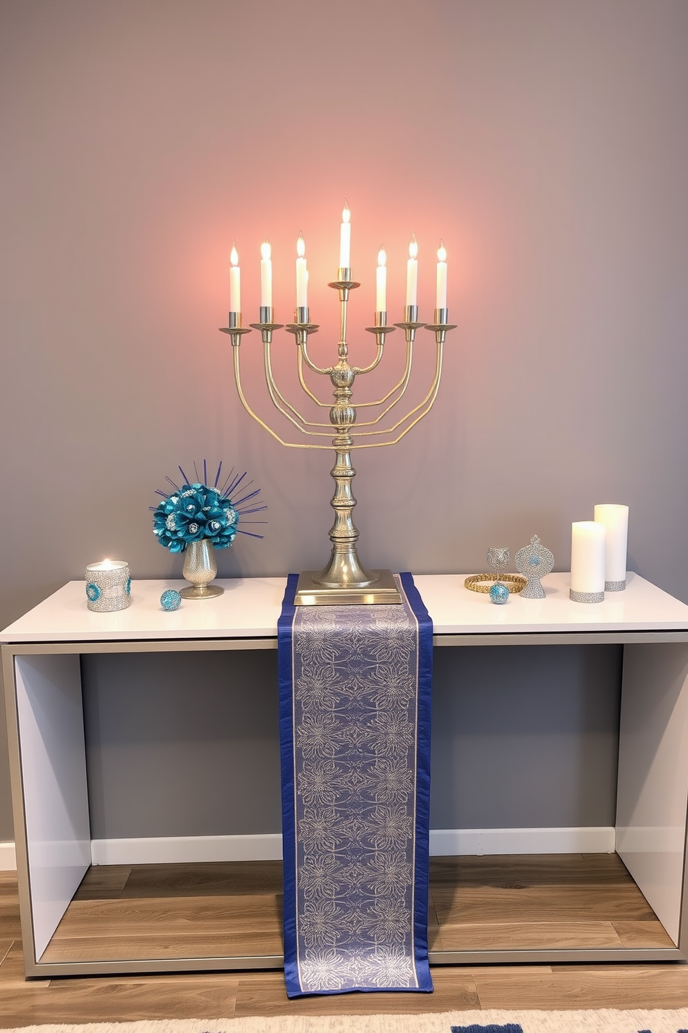 A festive menorah centerpiece is elegantly displayed on a sleek console table. Surrounding the menorah are shimmering blue and silver ornaments, creating a warm and inviting atmosphere for the Hanukkah celebration.