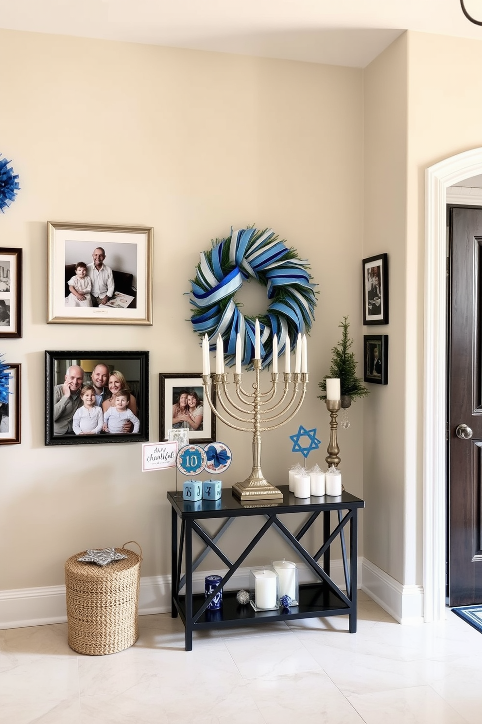 A collection of seasonal scented candles arranged elegantly on a wooden console table. The warm glow from the candles creates a cozy ambiance, inviting guests into the home. A beautifully decorated entryway featuring festive Hanukkah decorations. Blue and silver accents adorn the space, with a menorah prominently displayed on the console table surrounded by decorative dreidels.