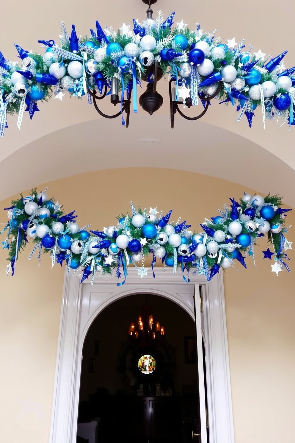 A vibrant Hanukkah garland is draped elegantly above the entryway, showcasing a mix of blue, silver, and white decorations. The garland is adorned with traditional symbols such as dreidels and Stars of David, creating a festive atmosphere as guests enter.