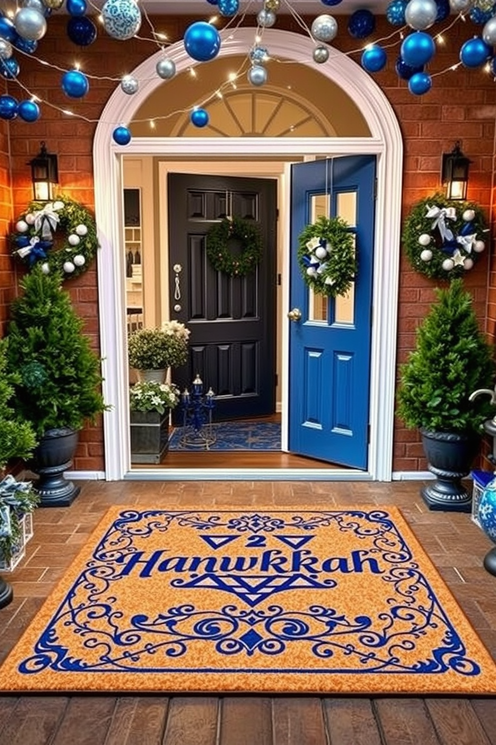 A personalized Hanukkah welcome mat greets guests at the entrance, featuring intricate designs and festive colors. The entryway is adorned with decorative elements like a menorah and blue and silver accents to create a warm holiday atmosphere. For Hanukkah decorating ideas, consider hanging string lights that twinkle like stars above the entryway. Incorporate seasonal wreaths made of blue and white ornaments to enhance the festive spirit.