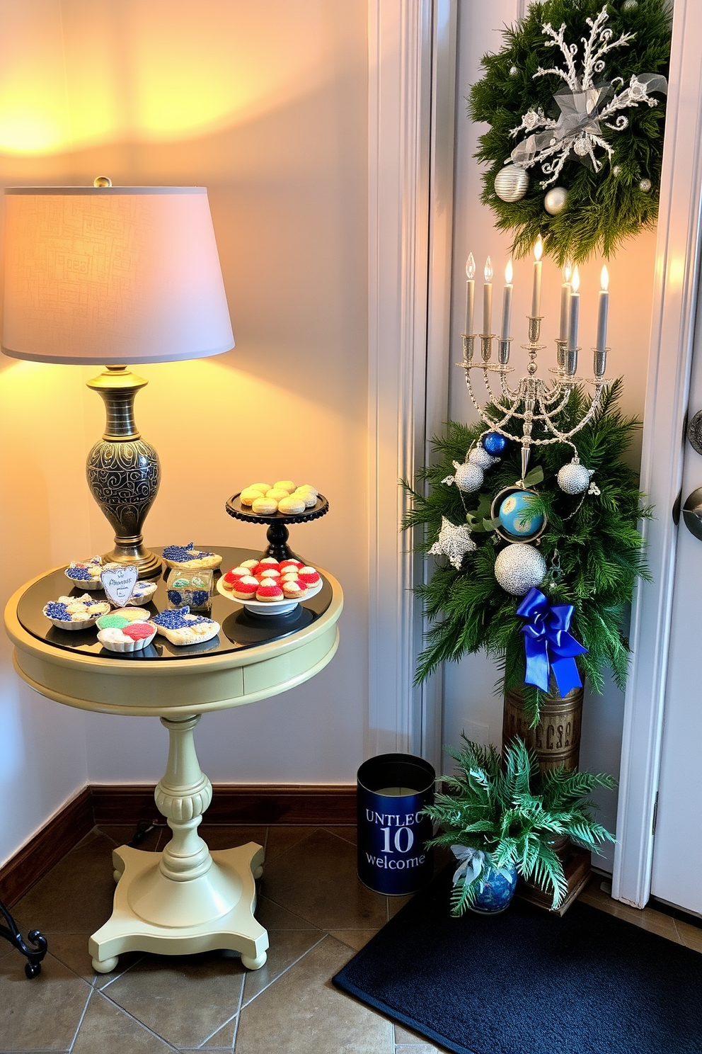 A beautifully decorated side table showcases an array of festive treats including colorful cookies and elegant pastries. Soft lighting from a nearby lamp creates a warm and inviting atmosphere, perfect for holiday gatherings. The entryway is adorned with Hanukkah decorations featuring a decorative menorah and blue and silver accents. A welcoming mat and fresh greenery add a touch of warmth and charm to the festive display.