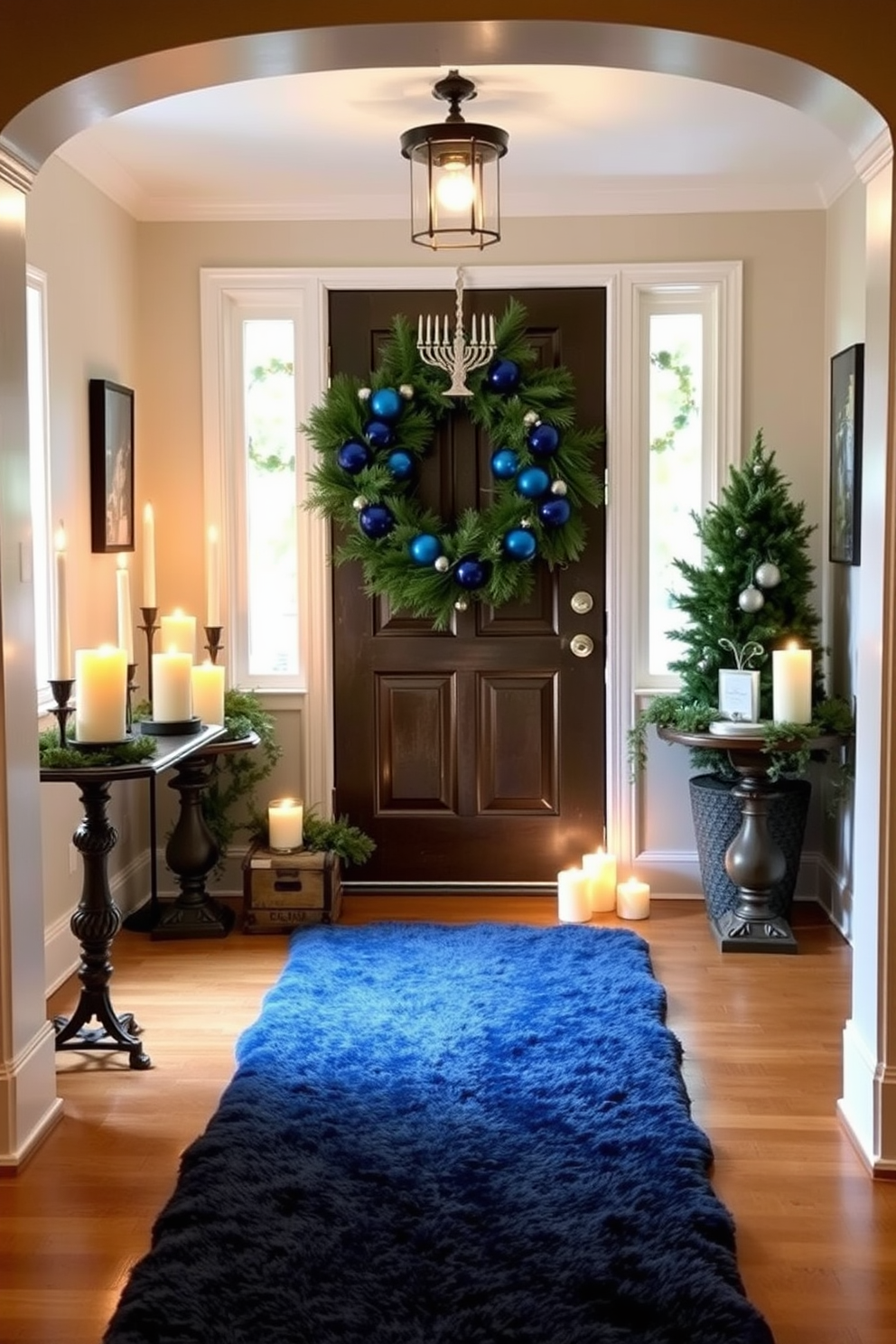 A cozy entryway adorned with scented candles featuring winter fragrances. The warm glow of the candles creates an inviting atmosphere, while a festive Hanukkah decoration, such as a menorah, adds a touch of tradition. The entryway is enhanced with a beautiful wreath made of evergreen branches and blue ornaments. A plush runner in deep blue complements the decor, leading guests into a warm and festive home.