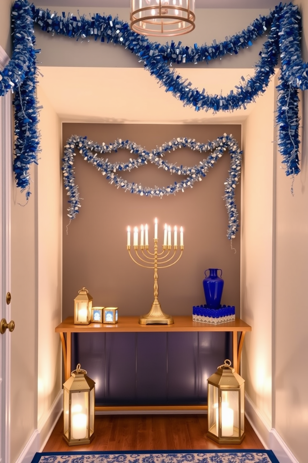 A charming entryway adorned for Hanukkah features small lanterns with blue accents that create a warm and inviting atmosphere. The walls are decorated with elegant blue and silver garlands, while a beautiful menorah sits on a console table, adding a festive touch to the space.