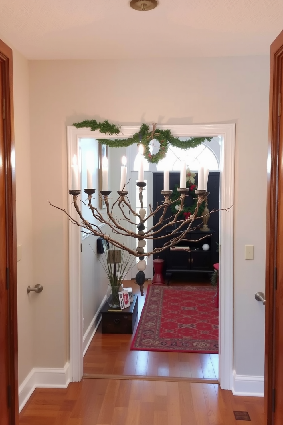 A creative menorah made from natural materials is displayed prominently in the entryway. The menorah features branches, stones, and twine, creating an earthy and organic aesthetic that welcomes guests during Hanukkah. The entryway is adorned with festive decorations that incorporate traditional colors and symbols. Soft lighting illuminates the space, enhancing the warmth and spirit of the holiday season.