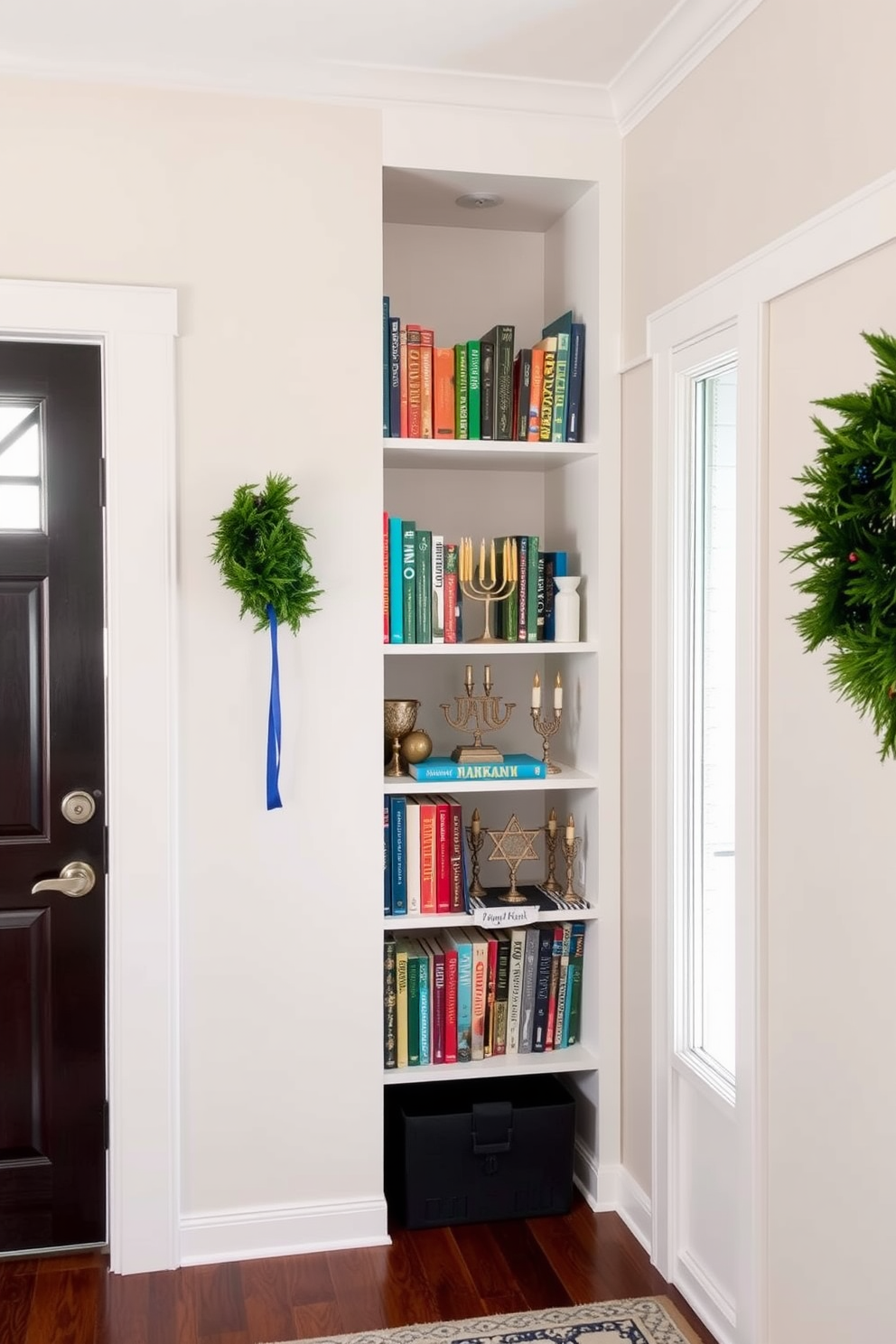 A festive entryway adorned for Hanukkah. The shelves are filled with colorful holiday-themed books, interspersed with decorative menorahs and star of David ornaments.