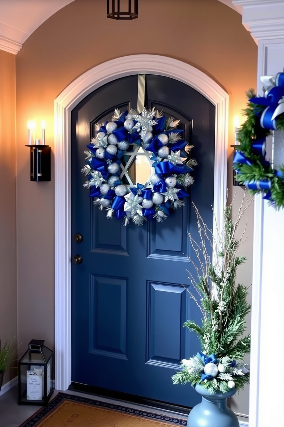 A beautiful entryway adorned for Hanukkah features a stunning blue and silver wreath gracefully hung on the front door. The welcoming space is enhanced with soft lighting and decorative accents that reflect the spirit of the holiday season.