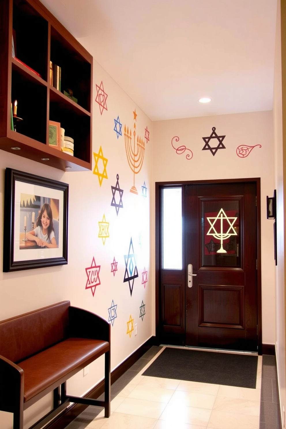 Artistic wall decals featuring traditional Hanukkah symbols create a festive atmosphere in the entryway. The space is enhanced with soft lighting that highlights the vibrant colors of the decals, inviting guests to celebrate the holiday spirit.