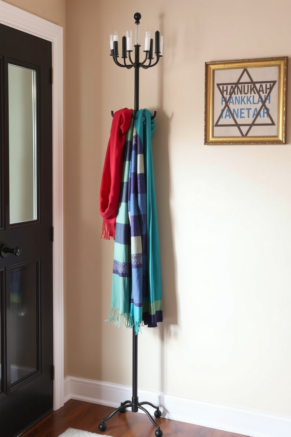 A stylish coat rack stands in the entryway adorned with festive scarves in vibrant colors. The walls are decorated with subtle Hanukkah-themed art, creating a warm and inviting atmosphere.