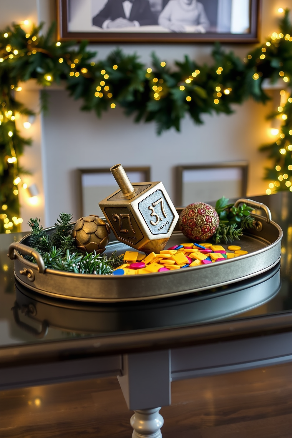 A decorative tray is elegantly arranged with a traditional dreidel and colorful gelt, creating a festive focal point. The tray is placed on a console table in the entryway, surrounded by twinkling fairy lights and a garland of greenery for a warm holiday welcome.